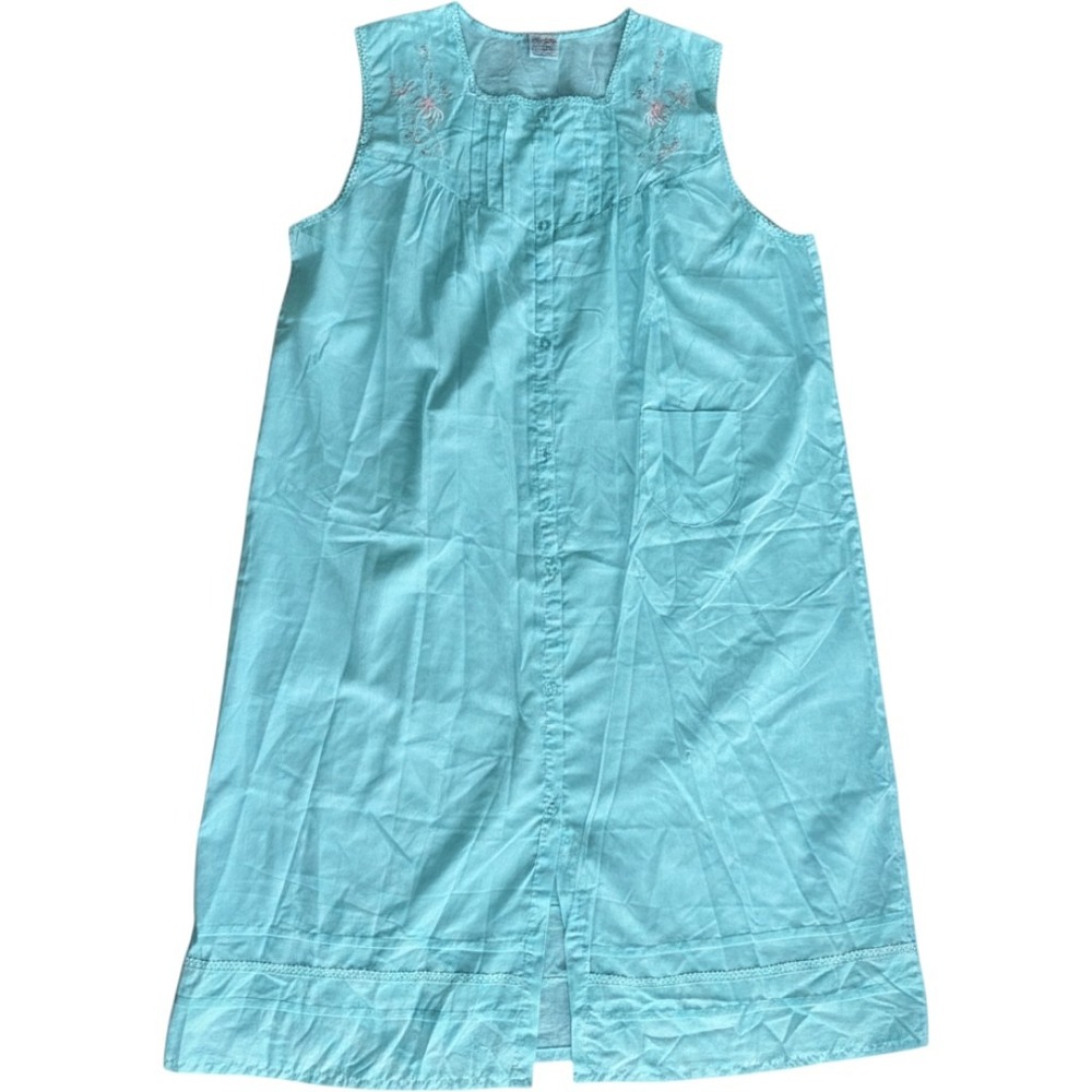 Lati Fashion Nightgown Aqua Blue Floral Embroidery Cotton Blend Women XL Vintage
